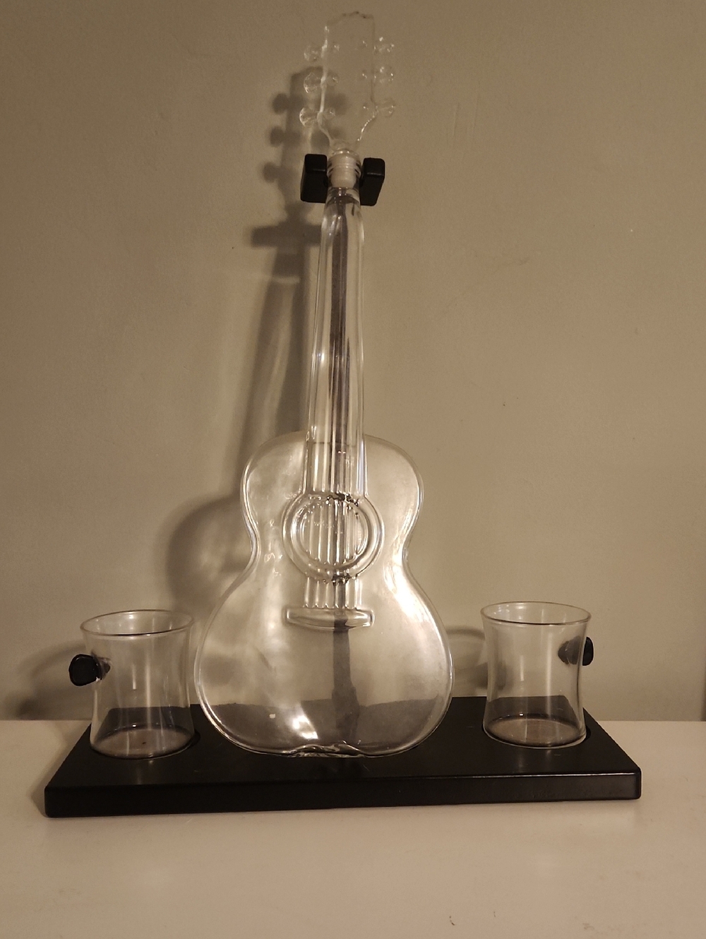 Clear Glass Guitar Decorative Drink Caddy with Two Glass HoldersIt is brand new
